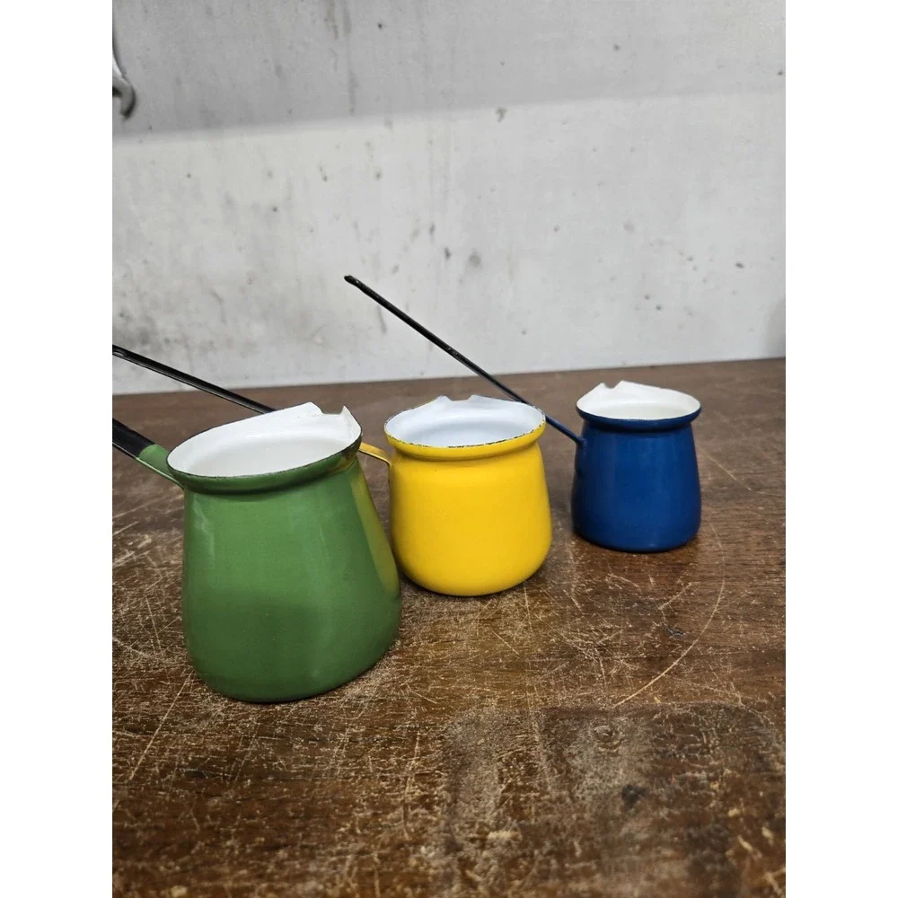 Vintage Enamelware Pouring Pots Set of 3 Green Yellow Blue Long Handle
